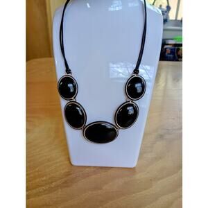 Vintage Silver Tone Metal Bib Necklace Black Oval Stones Black Cord
